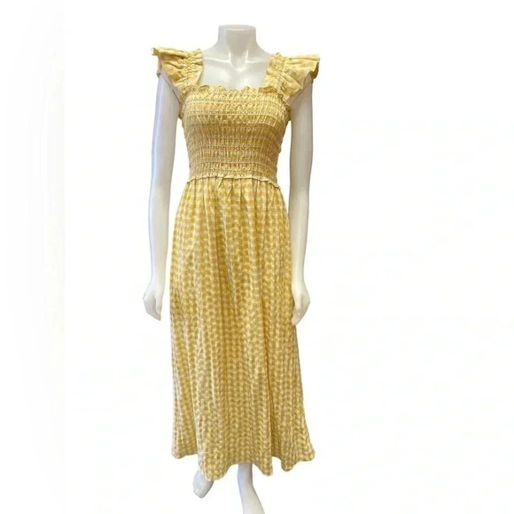 Max Studio Flutter Sleeve Smocked Gingham  Yellow Maxi Dress Size XS - Picture 4 of 12
